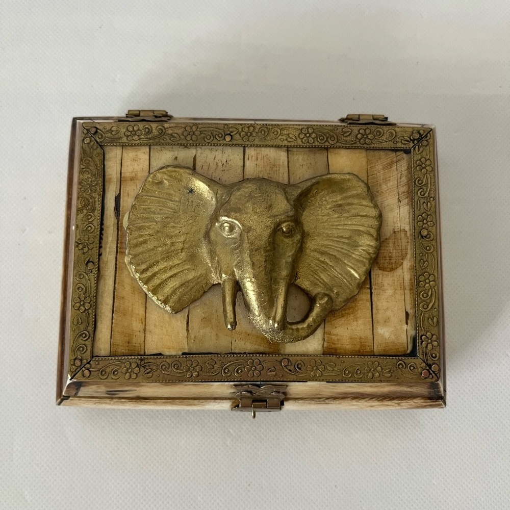 Vintage Elephant Camel Bone & Brass Jewelry Trinket Box Velvet Lined